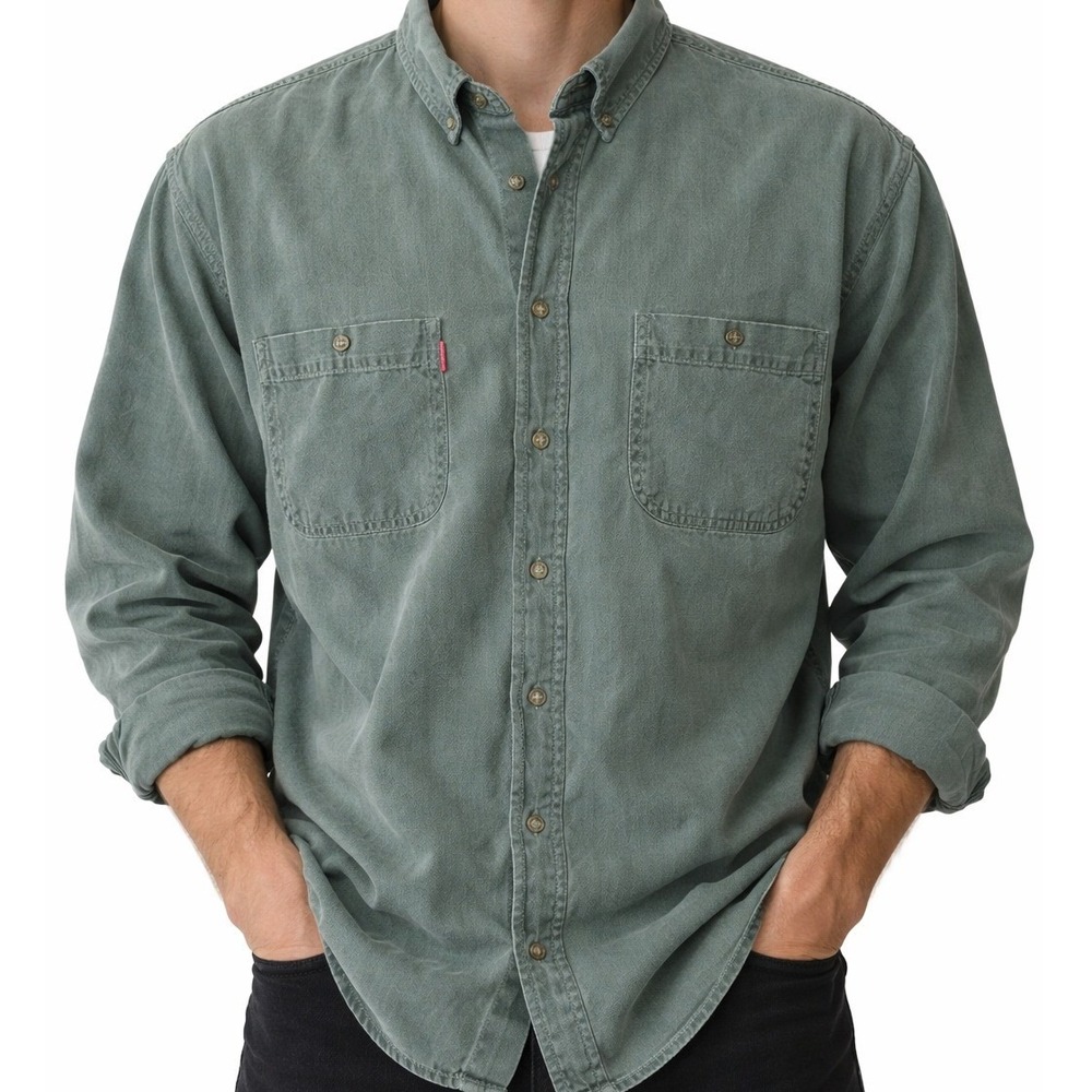 VTG 90s Bugle Boy Denim Shirt XL Green Cotton Button‎ Down Baggy Skater Grunge